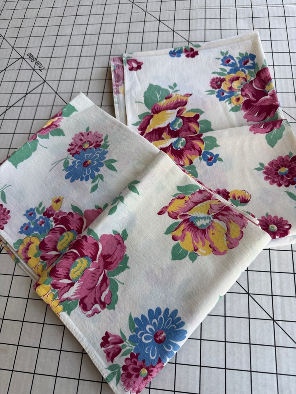Vintage Floral Fabric Panels Pair Cottage Chintz Table Runners Pink Blue Yellow